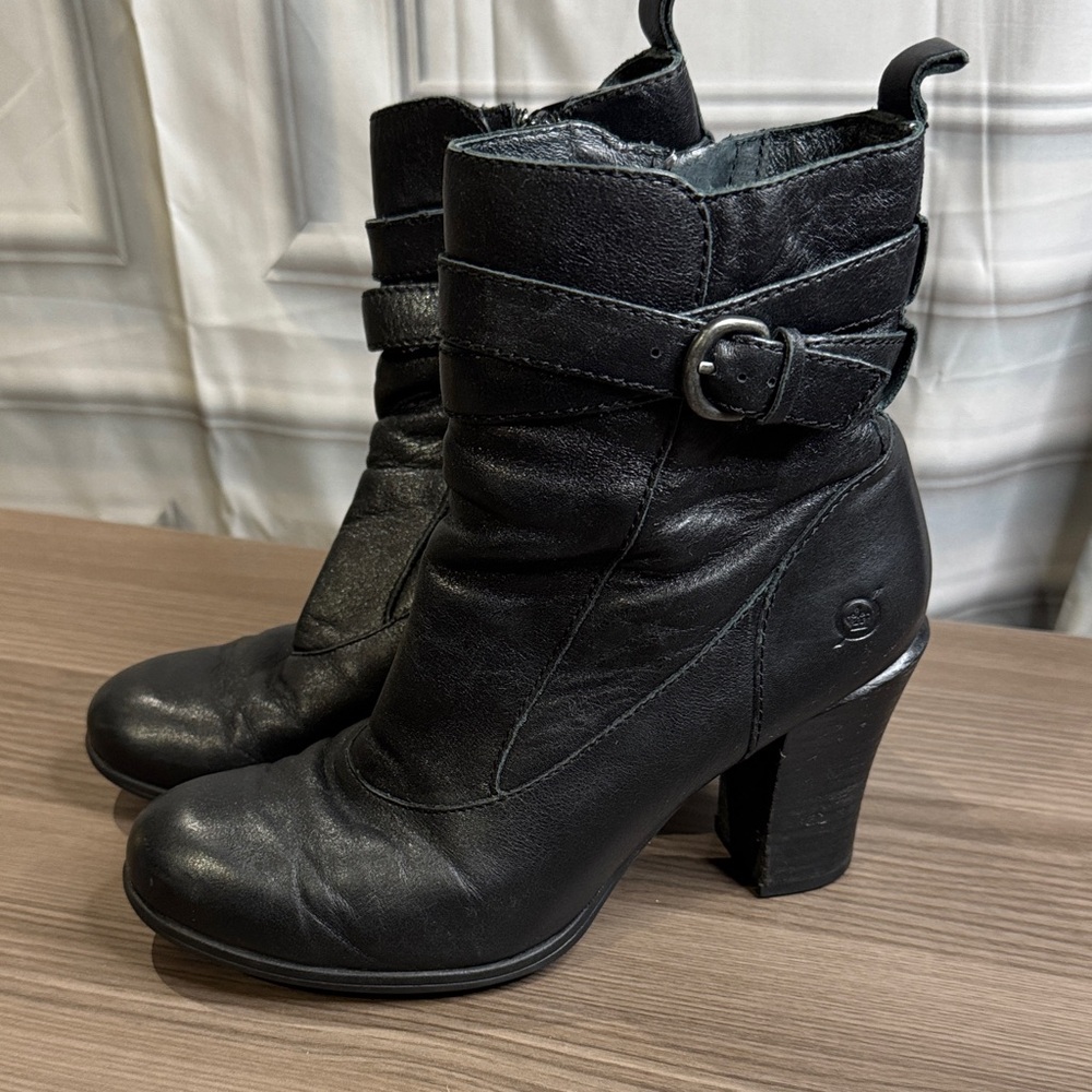 Born Black Leather Heeled Boots with Flannel Lining